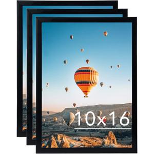 10x16 Black Picture Frame Set of 3, Horizontal and Vertical Formats for Wall Hanging, 10 x 16 Wall Gallery Poster Photo Frames with Shatter Resistant Plexiglass, 3 Pack, Black