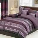 Grand Linen 7 Piece Oversize Eggplant Purple Black Silver Stripe Chenille Comforter Set 106" X 94" King Size Bedding