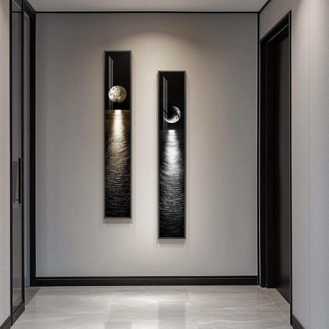 Framed Long Narrow Vertical Moon Wall Art Set of 2, Modern Black White Gold Bright Art Prints Paintings, Night Sea Landscape Pictures for Living Room Entryway Hallway Dining Room Bedroom Wall Decor, 8" W X 56" H