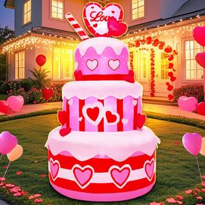 5FT Valentines Inflatables Birthday Cake Outdoor Decorations with Candles Heart, Build-in LED Lights for Happy Birthday Party Indoor Wedding Anniversary Garden Yard Lawn Dcor
