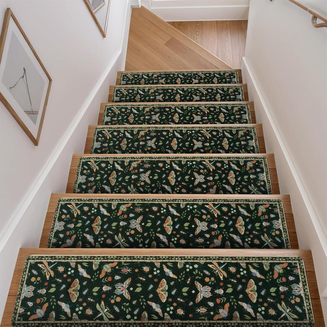 OJIA Insect Print Stair Treads Non Slip Stair Runners for Wooden Steps Indoor, 15PCS 8"x30" Rubber Backing Carpet Treads for Wood Stairs Staircase Step Treads for Kids & Dogs, Stair Covers, Black