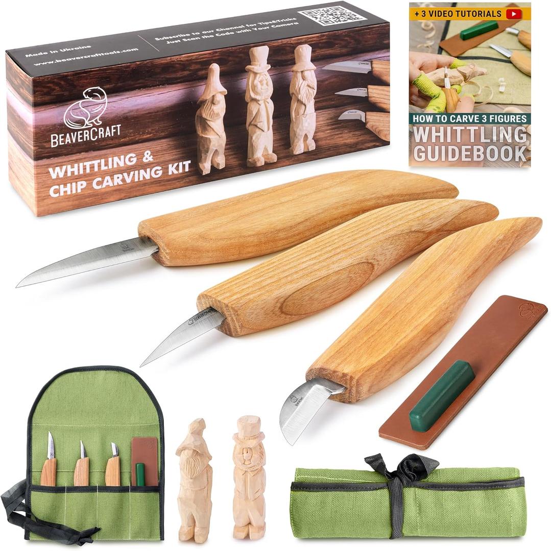 BeaverCraft Wood Carving Knife Kit S15 Whittling Kit for Beginners, Kids - Wood Carving Tools Set with Detail Chip Knife Sloyd Whittling Knives & Leather Strop, Polishing Compound and Tutorials