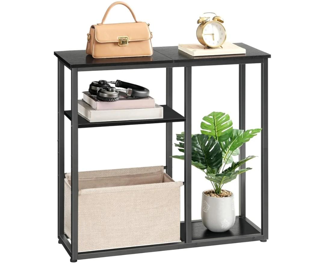 HOOBRO Narrow Console Table with Storage Basket, 29.5" Small Entryway Table with 3-Tier Storage Shelves, Behind Couch Sofa Table, Hallway Table for Living Room, Black and Beige BB60XG01