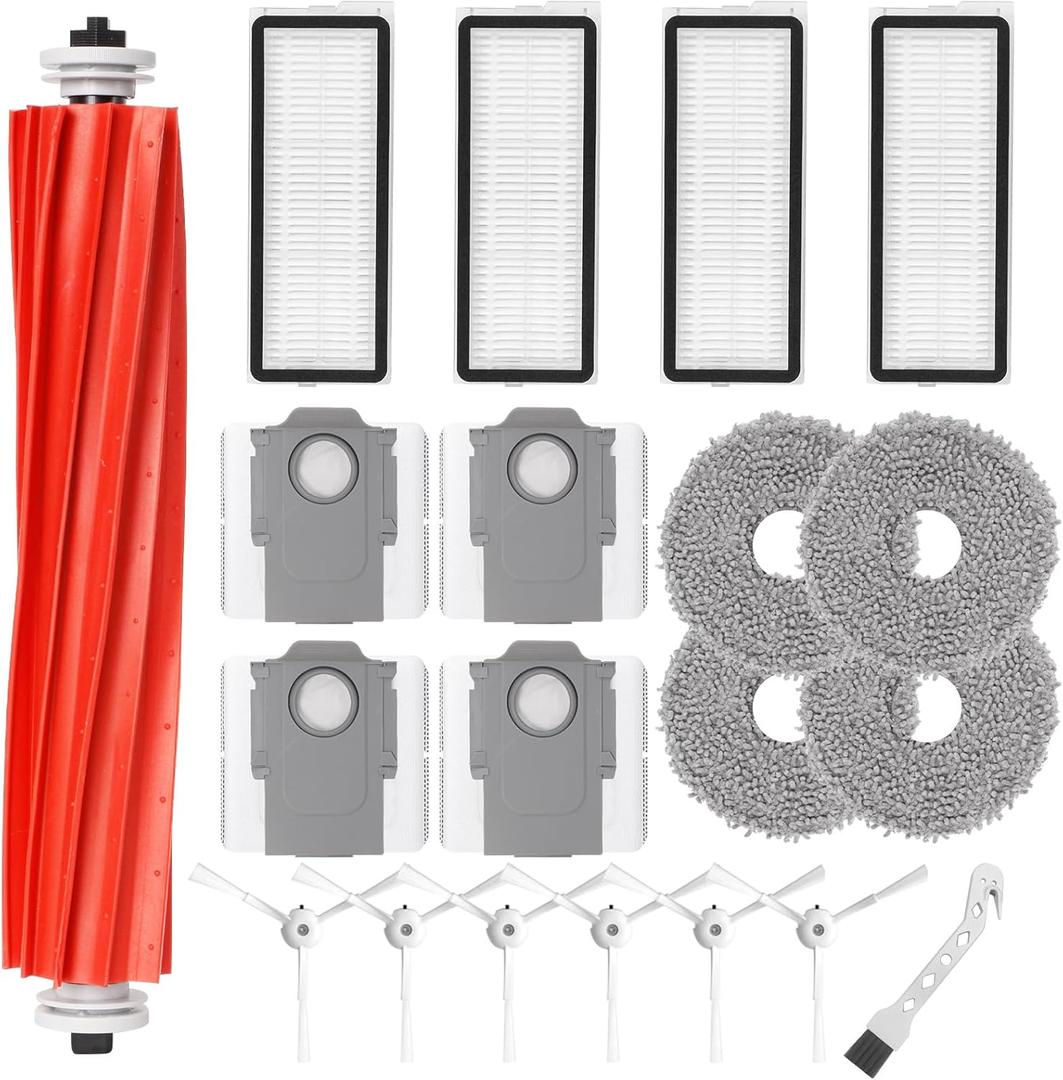 Accessories Kit for Roborock Qrevo S / Qrevo Pro / Qrevo Plus / Qrevo MaxV Robot Vacuum Cleaner Replacement Parts. 1 Main Roller Brush, 4 Hepa Filters, 4 Mop Pads, 6 Side Brushes, 4 Dust Bags, 1 Brush