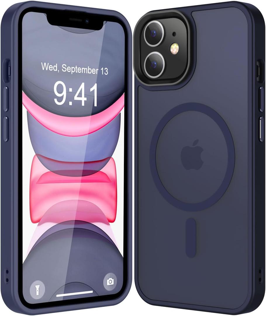 Strong Magnetic for iPhone 11 Case Compatible with Magsafe, [13FT Drop Resistant] Translucent Matte Skin Feeling Back, Aluminum Alloy Keys Shockproof Phone Case, Deep Blue