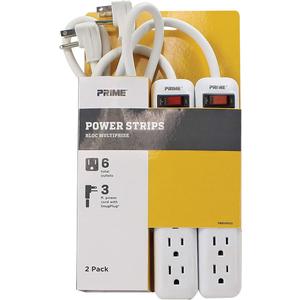 Prime Wire & Cable PB8100X2 6-Outlet Power Strip with Right Angle Plug and 14-3 SJT 3-Feet Cord, 2-Pack,White