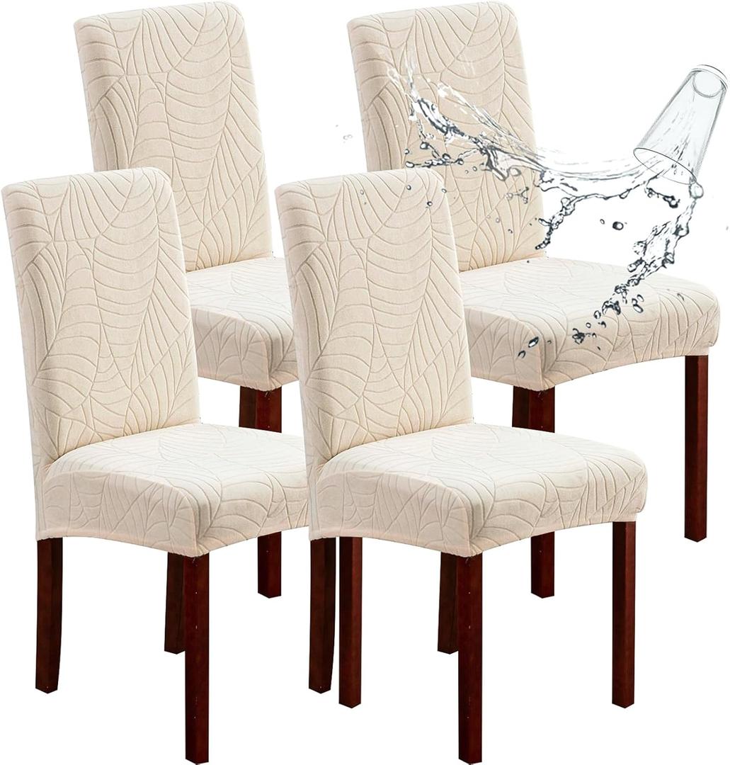 Genina Waterproof Dining Chair Covers Set of 4, Stretch Chair Slipcovers for Dining Room, Removable Washable Parsons Chair Covers Protector for Kitchen (Leaves-Beige, 4 PCS)