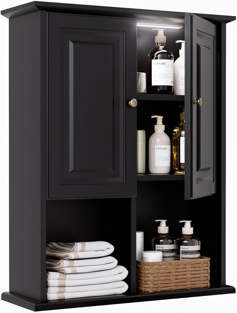 HAIOOU Bathroom Wall Cabinet with Motion Sensor LED Light, Wooden Medicine Cabinet Wall Mounted Cupboard, Over Toilet Storage Cabinet with Buffering Hinges and Adjustable Shelf - Black, 23.6" W x 8.2" D x 29.5" H
