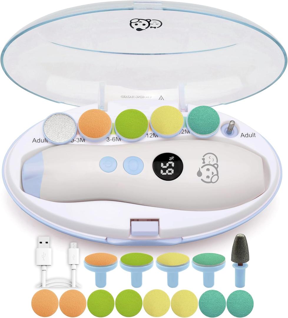 Royal Angels Rechargeable 22 in 1 Baby Nail Trimmer with LCD Display, Labeled Case, 13 Extra Pads, 4 Speed Settings, Safe Quiet LED Light Electric Baby Nail File Kit for Newborns Toddlers (WhiteBlue)