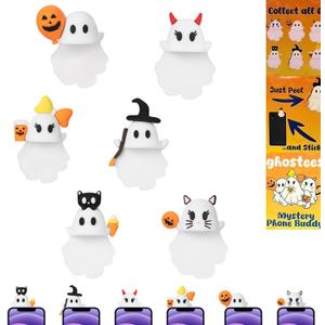 Ghostees Mystery Phone Buddy, Mini Surprise Toy, Stick-On Halloween Ghost & Pumpkin Phone Topper, Peel-and-Stick Design Figurine, Fun Desk Accessory (6PCS)