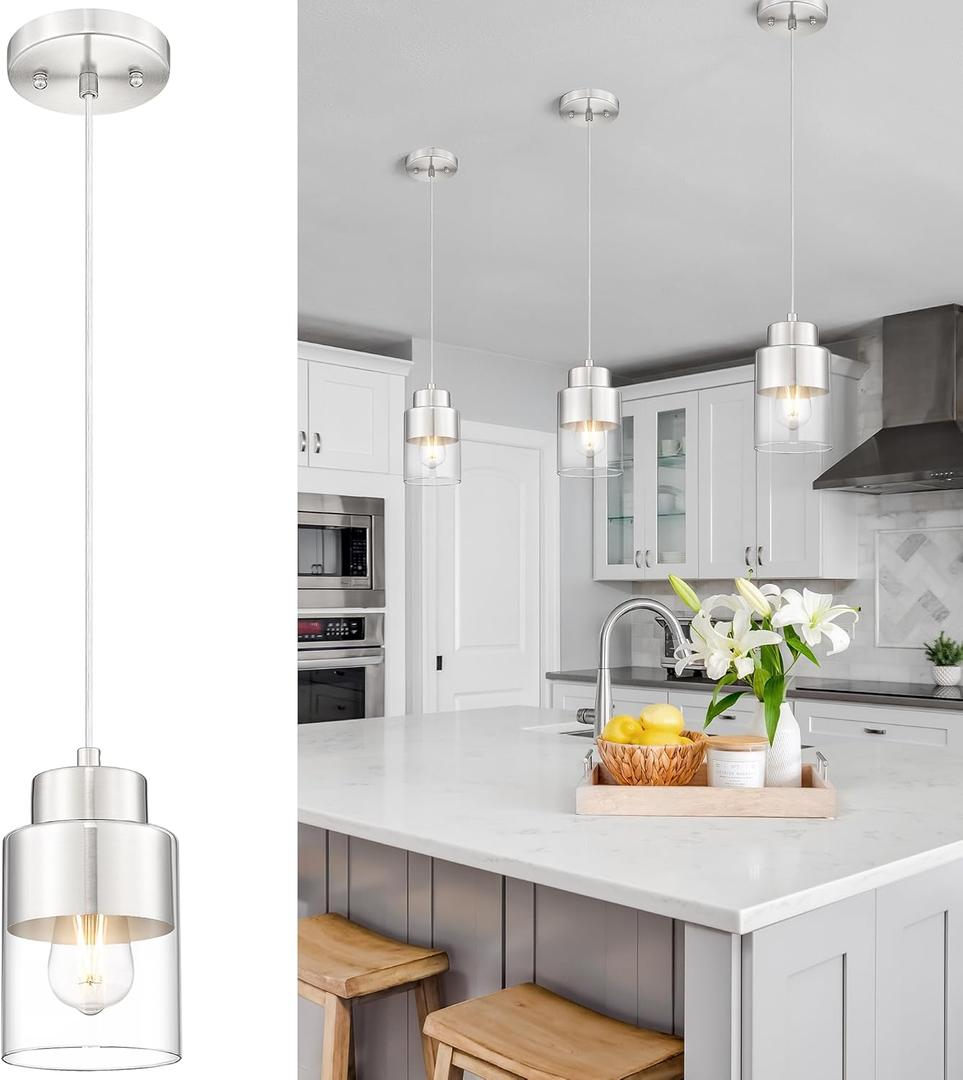 Pendant Lights Kitchen Island, Brushed Nickel Dual Shade Hanging Lights Fixtures with Metal and Clear Glass, Modern Kitchen Pendant Lighting Over Island for Dining Room, AD-24022-1P-SN