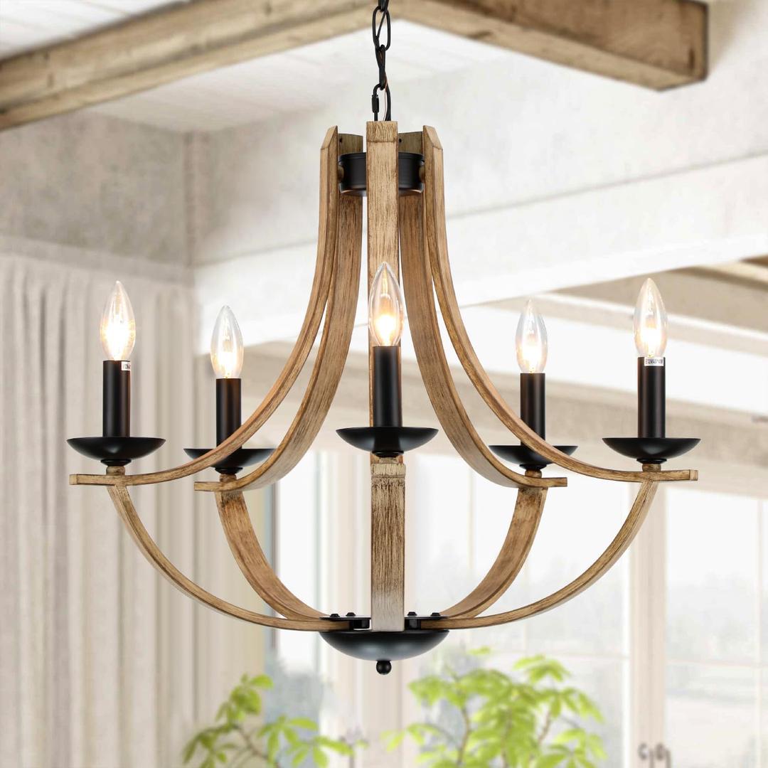 LAMPKEDUO Farmhouse Chandeliers for Dining Room Light Fixture, 5-Light 24 inch Faux Wood Texture Hanging Lighting Fixtures, Rustic Candle Chandeliers for Living Room Kitchen Island Foyer Entryway