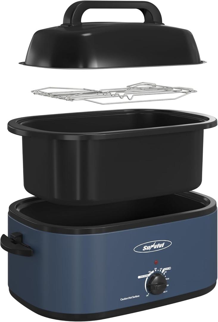 Sunvivi 28 Quart Electric Roaster Oven Turkey Roaster with Lid Electric Roasters with Removable Pan Large Roaster,Visible & Self-basting Lid, Fast Heating & Thaw/warming Setting,Dark Blue