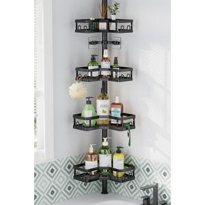 HEVEL Corner Shower Caddy Tension Pole, Adjustable Shower Organizer Corner 62115 Inch, Rustproof Bathroom Storage Shower Shelves, Black