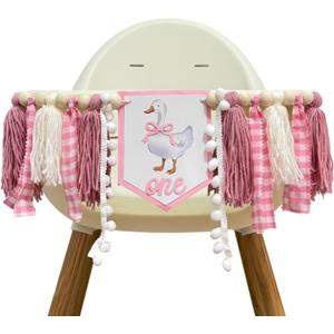 Silly Goose ONE High Chair Banner Pink Gingham Yarn Tassel Garland for One Silly Gosse Theme Girl Sweet One First Birthday Decorations