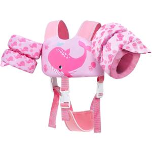 Gogokids 2-in-1 Toddler Swim Vest Pool Floaties for Kids[CPC Certified & Remove Crotch Strap]Puddle Float Jumper 24-66 Pounds, Toddler Arm Floaties Swim Jacket Water Wings for kids Boys Girls Swimmies (A-Pink Whale)