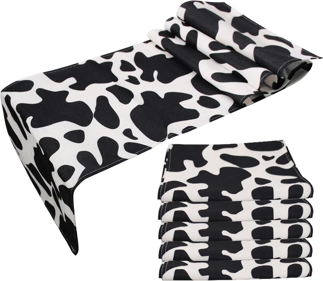 5 Pcs Linen Cow Print Table Runner Black and White Farm Cow Print Tablecloth Western Barnyard Cowboy Themed Table Cloths for Birthday Party Decorations Home Kitchen Supplies ( 13 x 72 in)