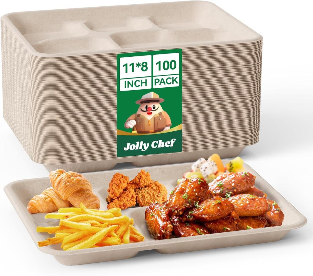 JOLLY CHEF Compostable  Compartment Paper Plates  *   [ ] Heavy Duty Natural Divided Disposable Eco-Friendly Biodegradable Containers Food Trays for Dinner Lunch Buffet (11*8in-100pack, Brown)
