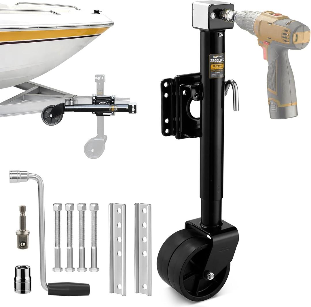 2500lbs Trailer Jack with Dual Wheel, 20-24V Cordless Drill Compatible, Heavy Duty Bolt on Trailer Tongue Jack for RV and Utility Trailer, Boat, 12" Lift Black