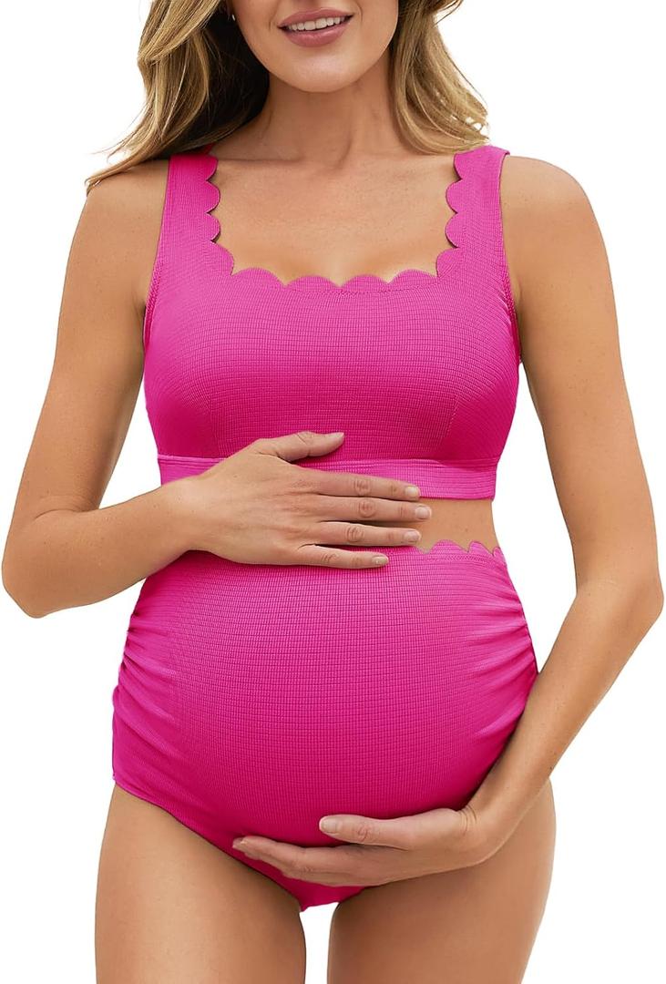 Summer Mae Scalloped Maternity Swimsuits for Women High Waist Bathing Suit Pregnancy Two-Piece Bikini Tie Knot Swimwear Hot Pink 8