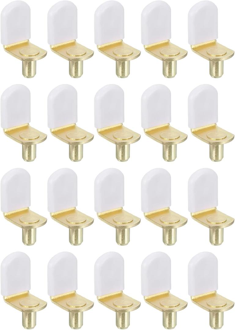 Uxcell 50Pcs Shelf Support Pegs, 6mm L-Shaped Bracket Style Shelf Pegs Pegs with Rubber Sleeve, Metal Support Pegs Holder for Kitchen Cabinet Bookcase (Gold, White)
