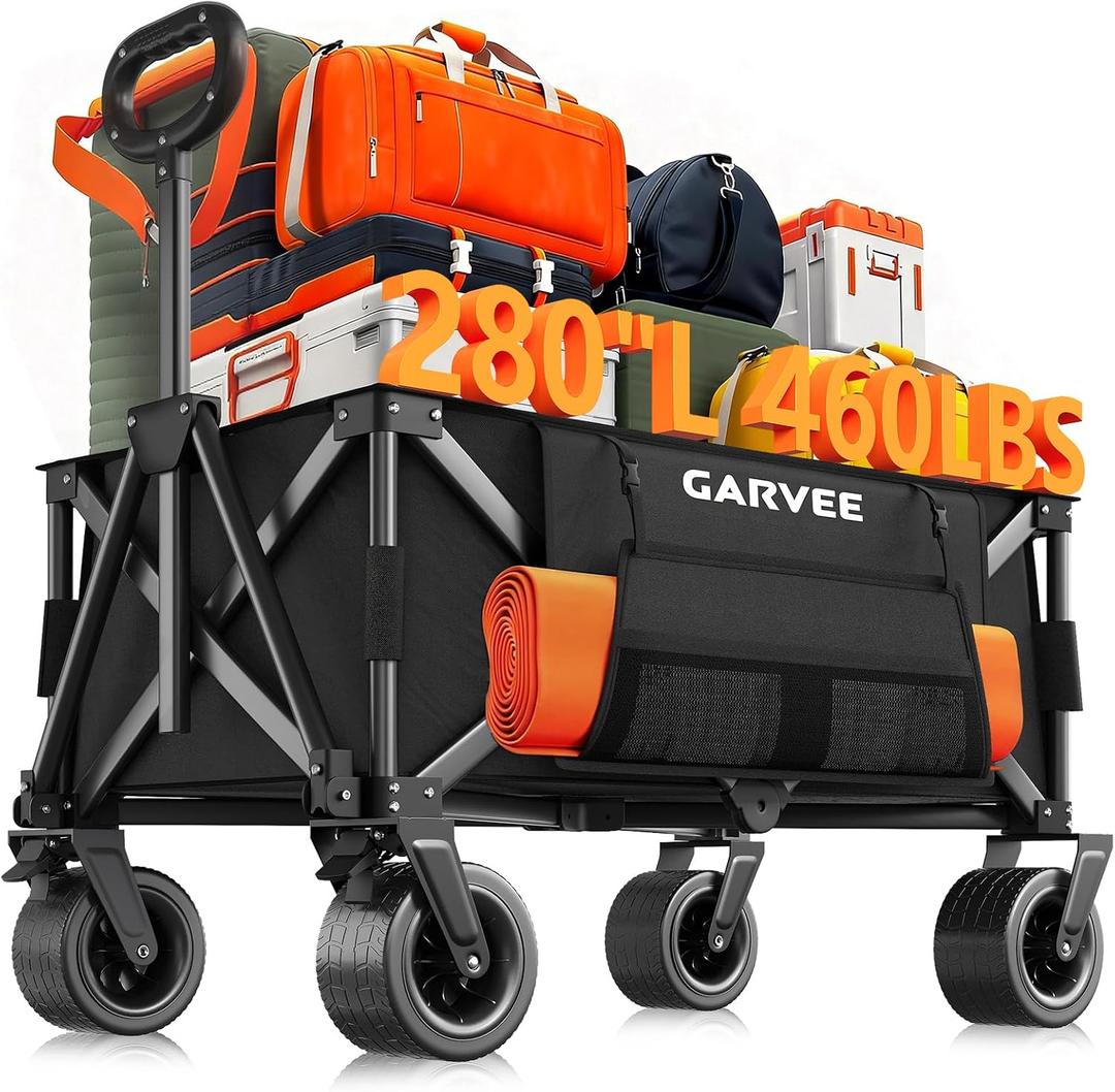 Wagon Carts Foldable, 460LBS Weight Capacity 280L Collapsible Wagon with All-Terrain Wheels, Drink Holders, Storage Cover&Elastic Rope, Utility Carts for Groceries, Shopping, Camping, Sports -Black