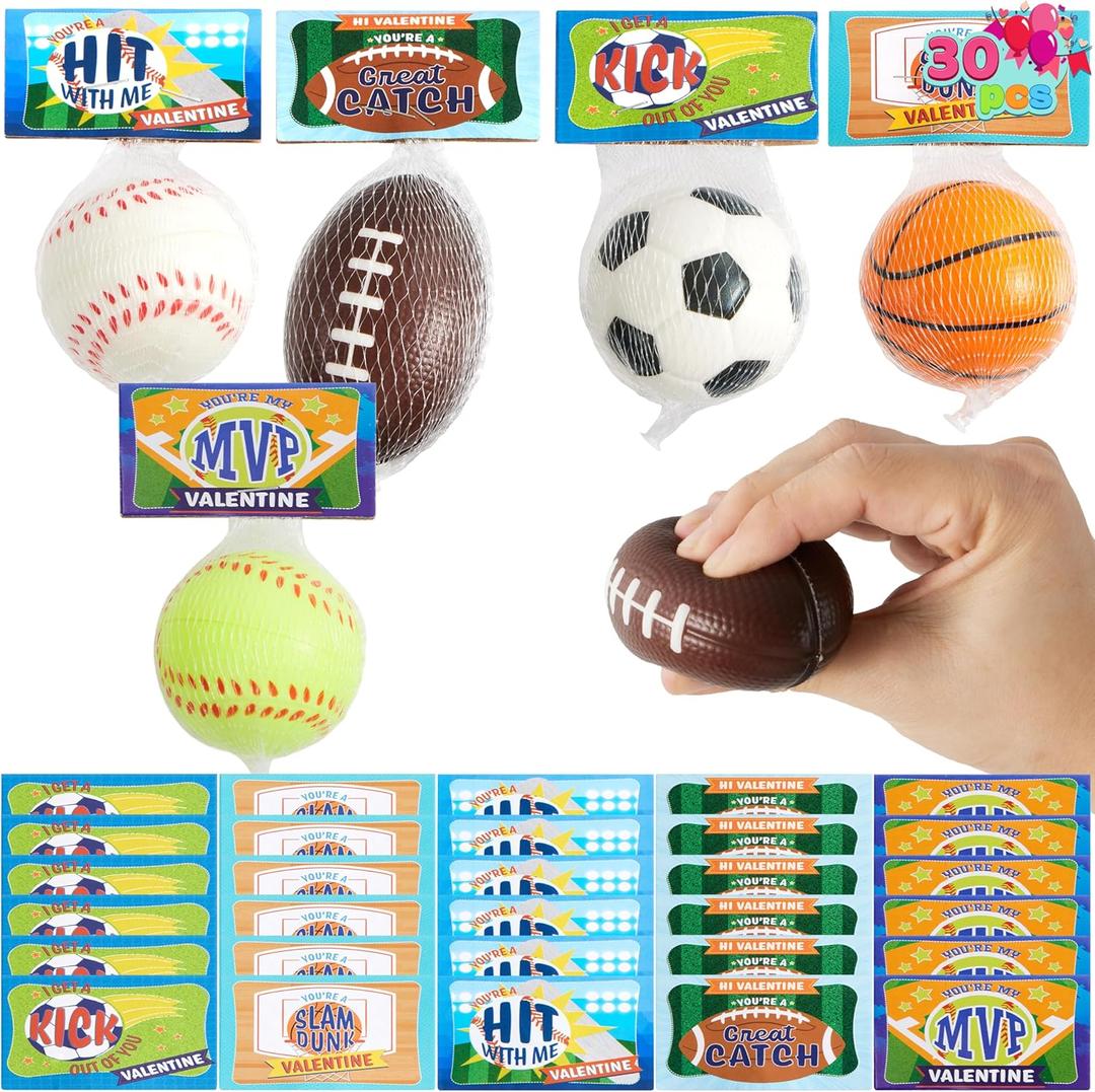 JOYIN 30 Pack Kids Valentines Day Gift Cards with Gift Mini Sports Ball Figure Stress Balls Squishy Toy Foam Balls for Classroom Exchange Prizes, Stress Relief / Anxiety Relief, Valentine Party Favor
