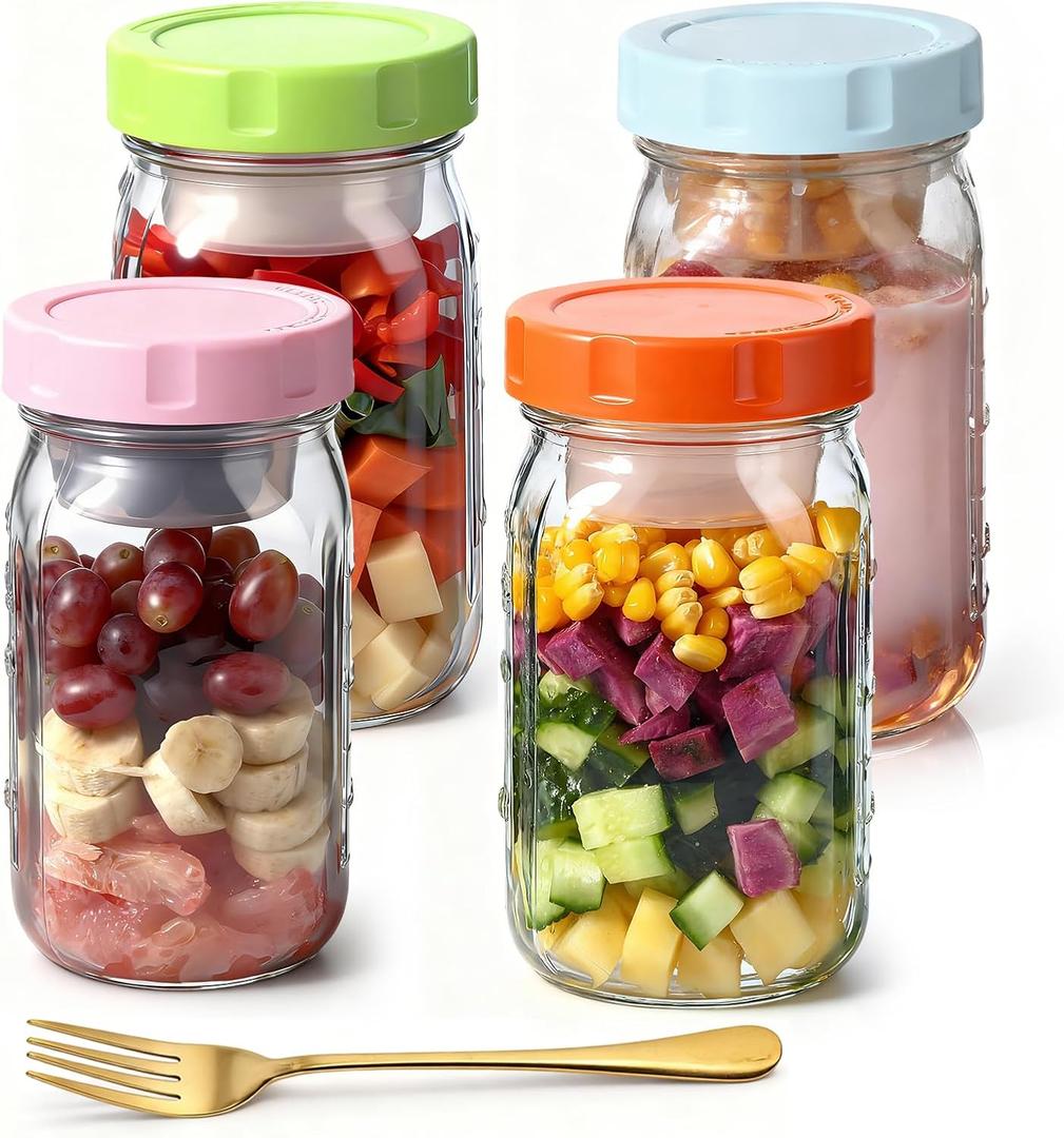 COOLCAA 4 Pack Glass Salad Jars with Lids and Fork, 32oz Mason Jar Salad Containers for Lunch with Removable Dressing Cup, Leakproof Glass Container for Lunch Meal Prep Jars, BPA Free & Reusable