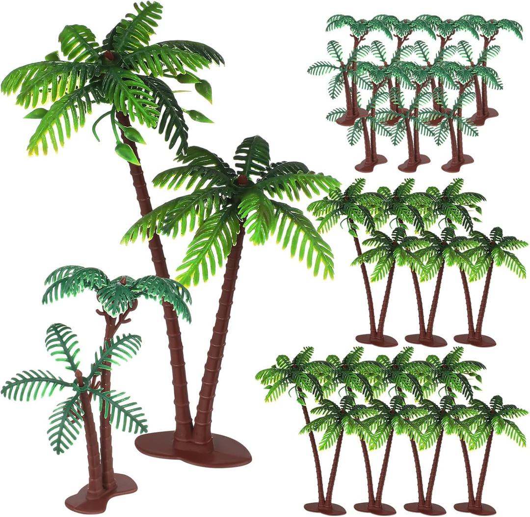 16PCS Coconut Tree Topper, Plastic Palm Trees Cake Decorations, Artificial Miniature Tropical Model TREe for Hawaiian Party Decor, Safari Jungle Birthday Cupcake Toppers, 16 Pack