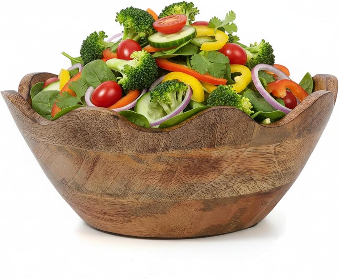 Mela Artisans Medium Scalloped Decorative Wooden Bowl | 10 Inch Mango Wood Fruit & Serving Bowl | Natural Grain Texture | Ideal for Kitchen Counter | Snacks | Desserts | Bread | Handcrafted Decor