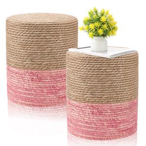 Barydat 2 Pcs 15'' Ottoman Pouf Natural Seagrass Braided Poof Hand Weaving Round Ottomans Boho Footrest Stool for Home Living Room Bedroom Patio(Natural and Pink)