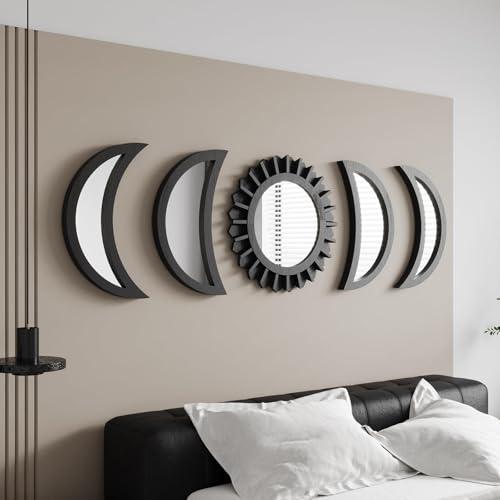 WAKOSAN Wall Mirror, Moon Phase Mirror Set, Wall Decor for Bedroom, Bohemian 5PCS Wooden and Real Glass Mirror with Crystal Clear Reflection, Boho Decor, Multi-Angle Installation (Black)