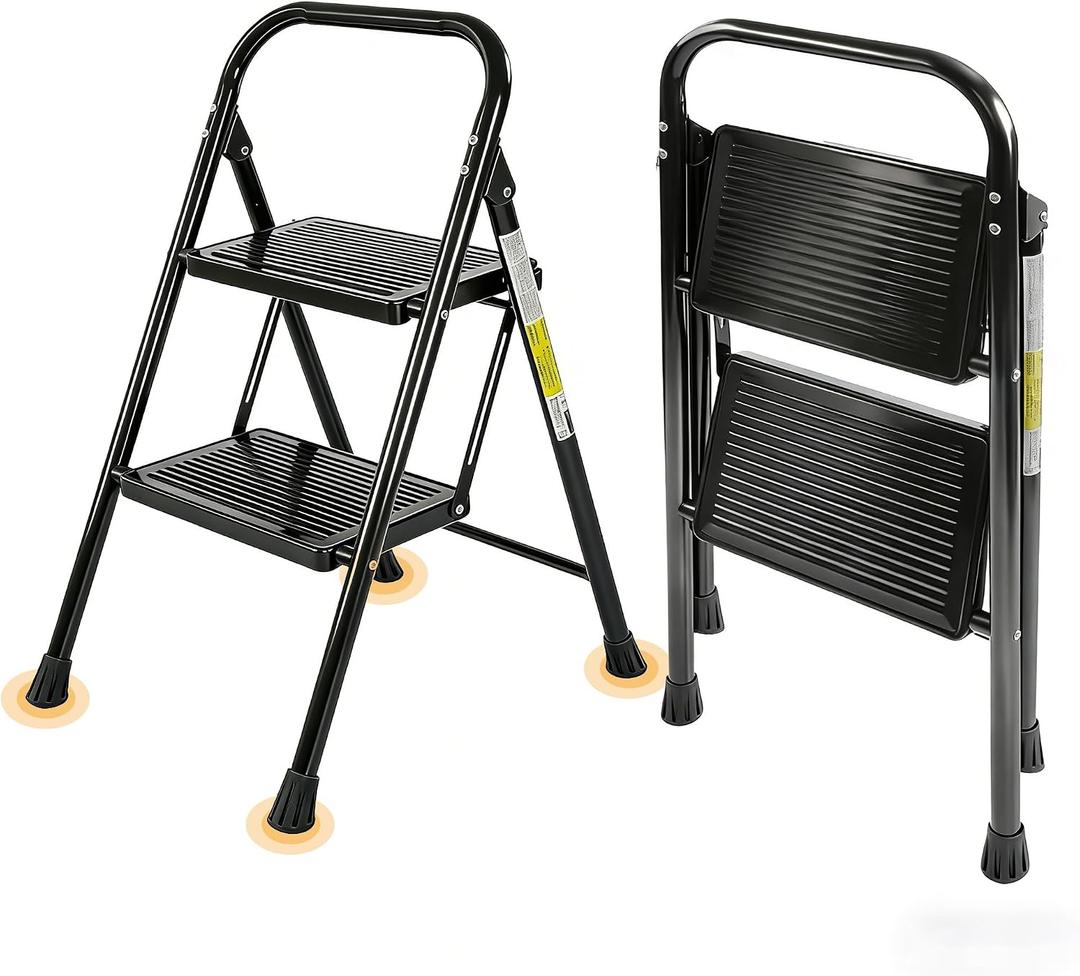 Valeo 2 Step Ladder, Step Stool with Wide Anti-Slip Pedal, 330 lbs Capacity,Step Ladder Folding Step Stool for Adults, Lightweight Steel Portable ladders for Home Kitchen & Office,Black