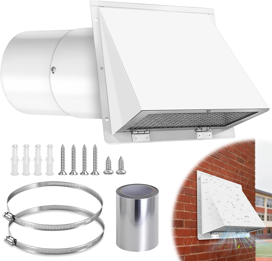 6 Inch Wall Vent Cover with Hood, Screen, Damper, Outside Exhaust Vent for Home, Galvanized Steel Dryer Vent Cover for Outdoor Kitchen and Range Hood Ventilation, White