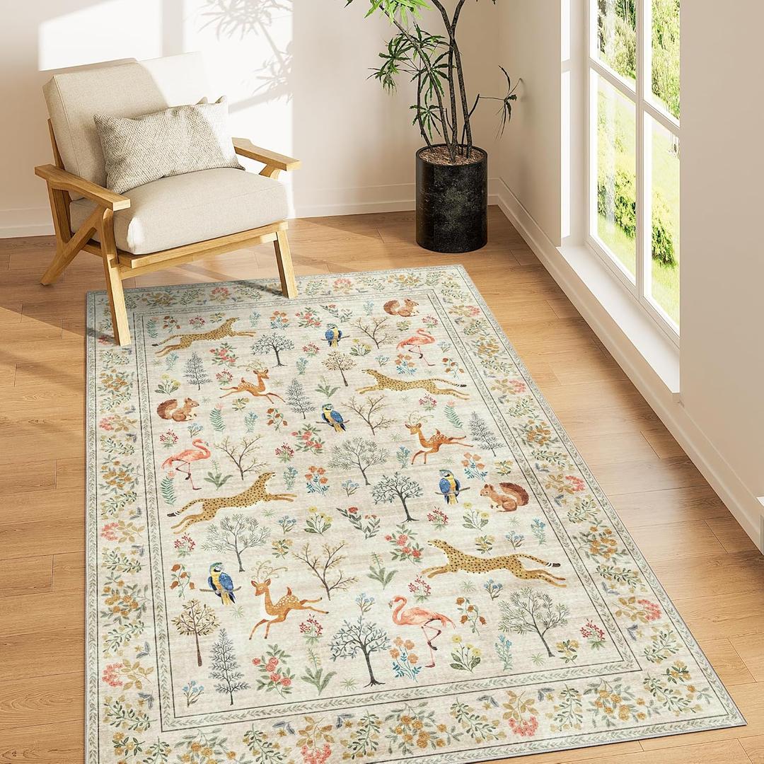 DUKINO 3x5 Rug, Washable Animal Area Rug with Non Slip Vintage Design, Indoor Soft Low Pile Carpet for Bedroom, Nursery, Dining Room, Farmhouse, Playroom, White