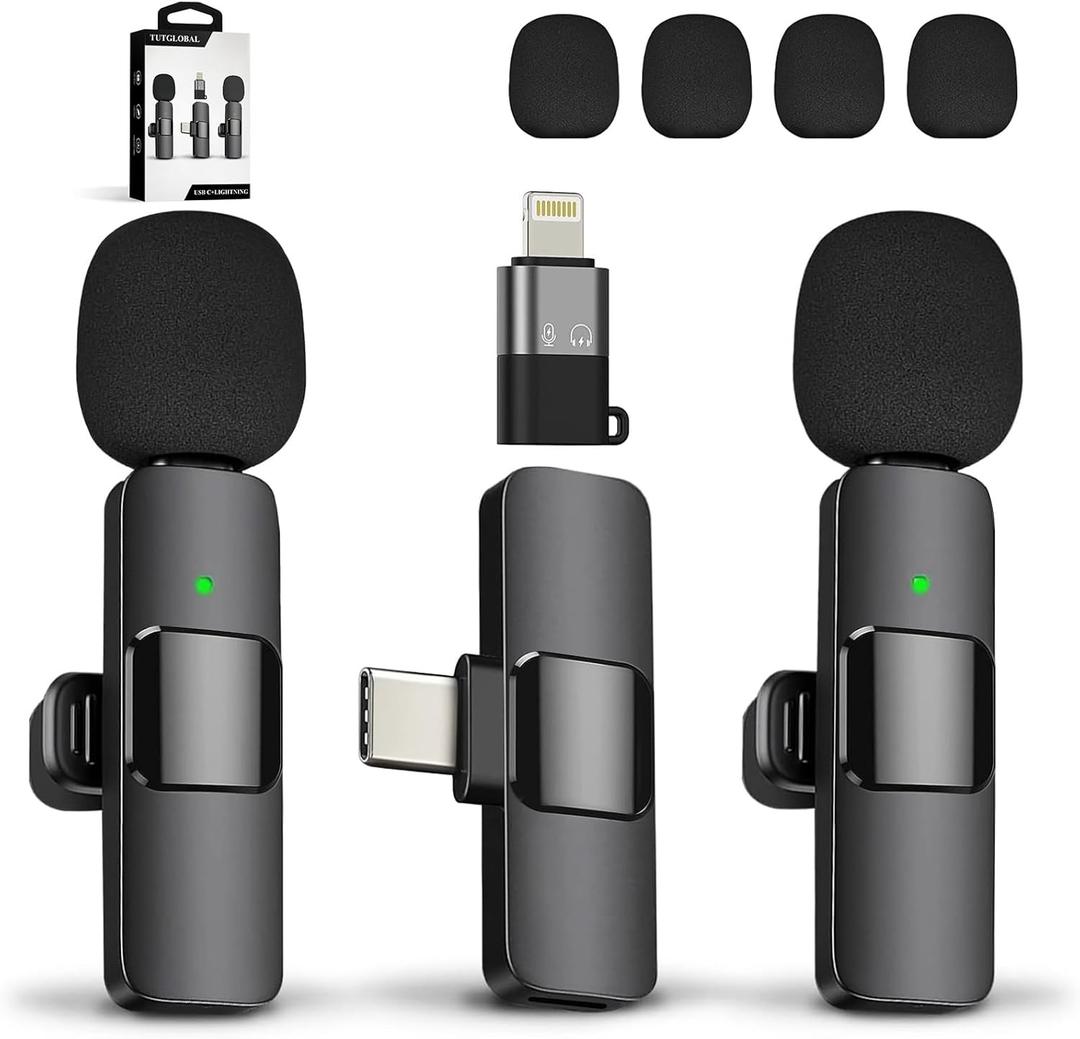 New Mini Wireless Microphone for iPhone iPad Android,Lavalier Microphone for Video Recording,2 Pack iPhone Mic Crystal Clear Recording with USB-C for Podcast Microphone,4 Extra Windscreens