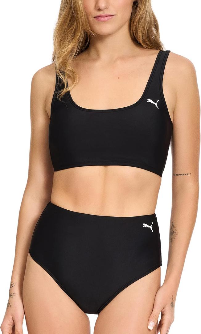 PUMA Women's Crop Bikini Top & Bottom Swimsuit Set (Large, Black)