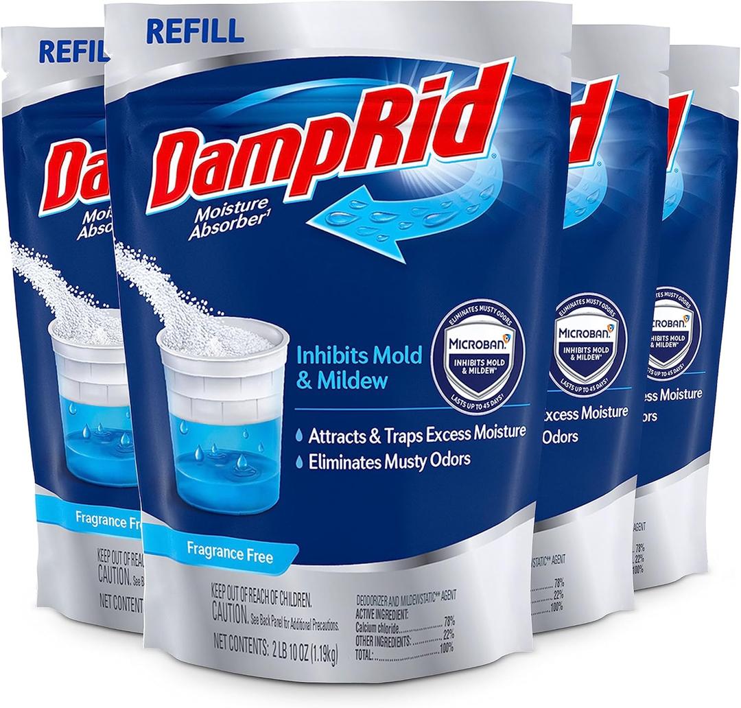 DampRid Refill Bag, 42 oz., 4-Pack - Fragrance Free Moisture Absorbers for Rooms with Excess Humidity, Long-Lasting, Inhibits Mold & Mildew (Blue)