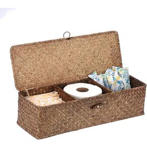 Sumnacon Extended Seagrass Storage Basket with Lid 3-Section Wicker Storage Basket,Small Woven Shelf Basket for Toiletries Tampon Storage,Seagrass Basket for Shelf Bathroom Toilet Counter,Coffee (Large)