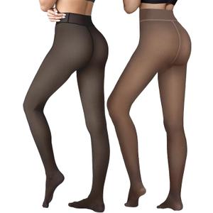 2 Pairs Women Fleece Lined Tights-Fake Translucent Leggings High Waist Pantyhose Sheer Thick Warm Tights For Women (Medium, Invisible Crotch-black+brown)
