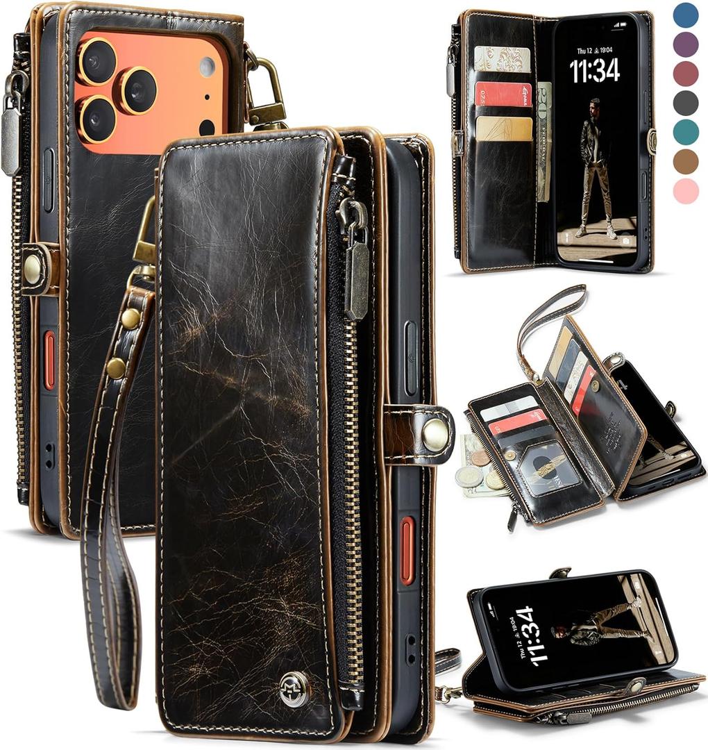 Defencase Compatible with iPhone 17 Pro Case Wallet with RFID Blocking Card Holder for Women Men, Fashion PU Leather Magnetic Snap Flip Zipper Strap Wallet Phone Case for iPhone 17 Pro 6.3", Coffee