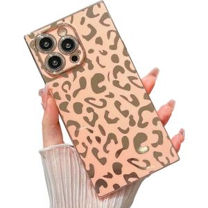 KERZZIL Elegant Compatible with iPhone 14 Pro Max Rectangle Edge Case, Cute Luxury Leopard Pattern Plating Case Camera Protector Soft TPU Shockproof Protective Corner Back Cover(Pink)