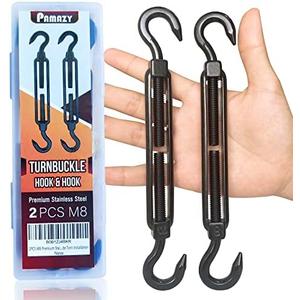 2PCS M8 Premium Stainless Steel Hook & Hook Turnbuckle, Black Turnbuckle for Wire Rope Tension, Shade Sail Hardware, Sun Shade Tent Installation