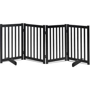 LZRS Solid Hardwood Freestanding Pet Gate, Wooden Dog Gates for Doorways, Nature Wood Dog Gates for The House, Dog Gate for Stairs, Freestanding Indoor Gate Safety Fence, Black, 30" Height-4 Panels