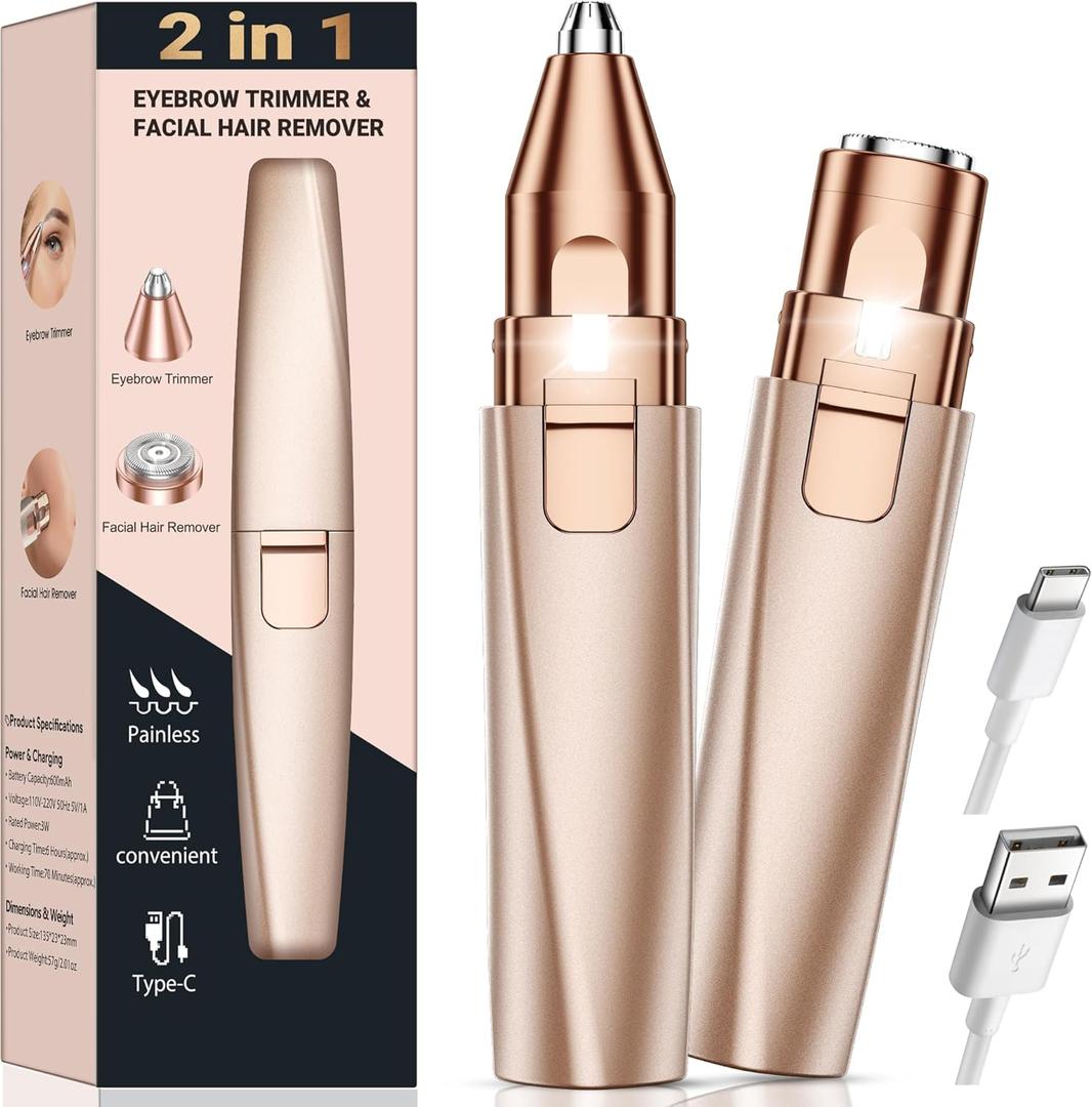 Eyebrow Trimmer Facial Hair Removal for Women: 2 in 1 Rechargeable Face Shaver and Eyebrow Razor - Painless Electric Hair Remover Device for Peach Fuzz Fine Hairs Upper Lip Chin (Gold)