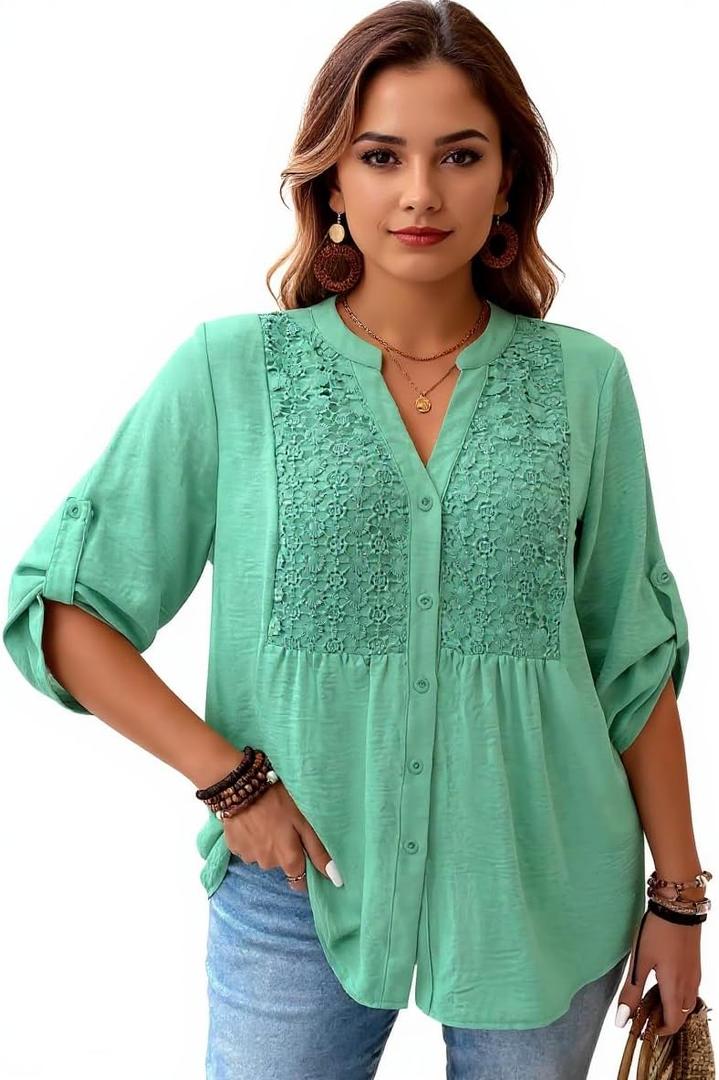 MSHING Women's Plus Solid Color Casual top 3/4 Sleeve V-Neck Hollowed Out Embroidered Button up Shirt (Green, XXXL)