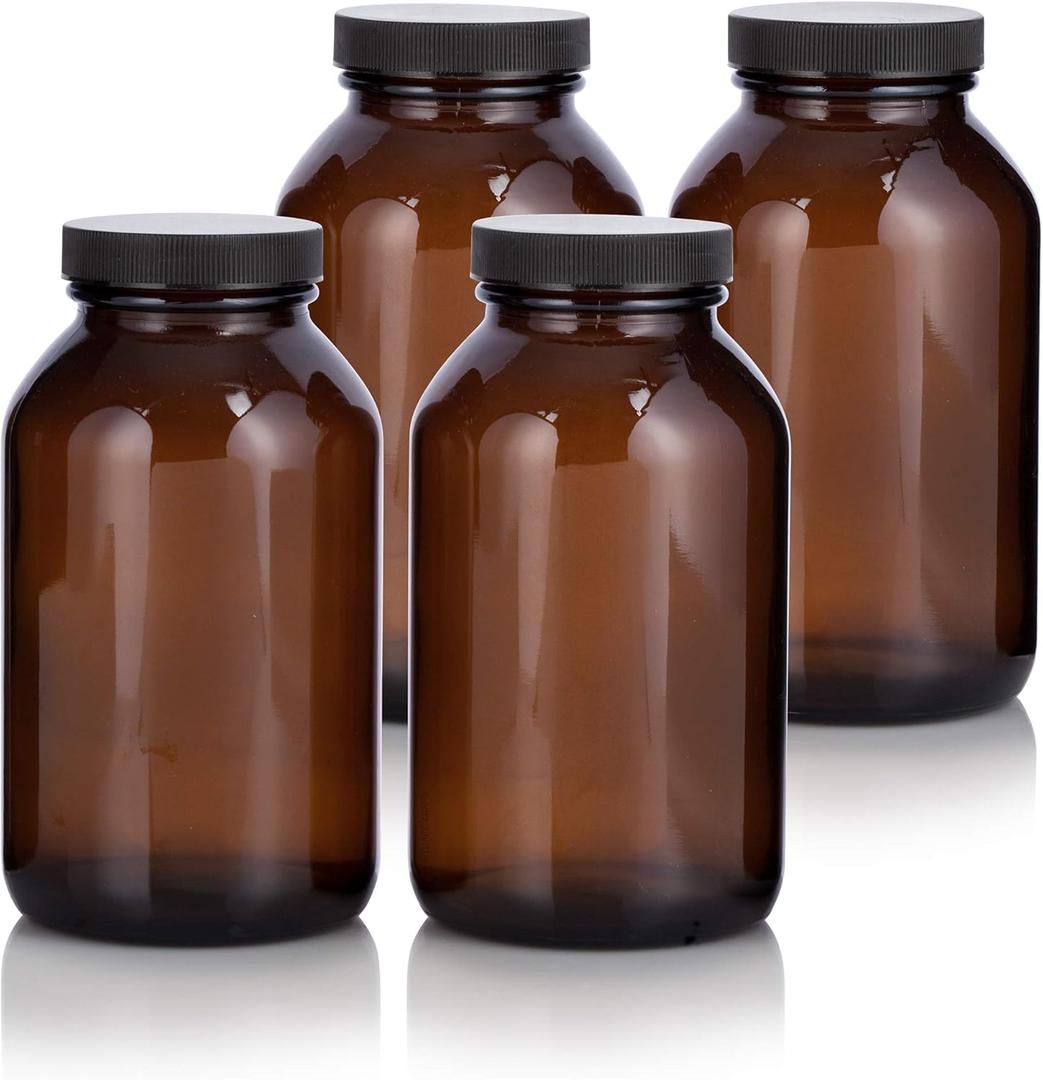 JUVITUS Amber 17 oz Wide Mouth Glass Packer Bottle with Black Ribbed Lid (4 pack)