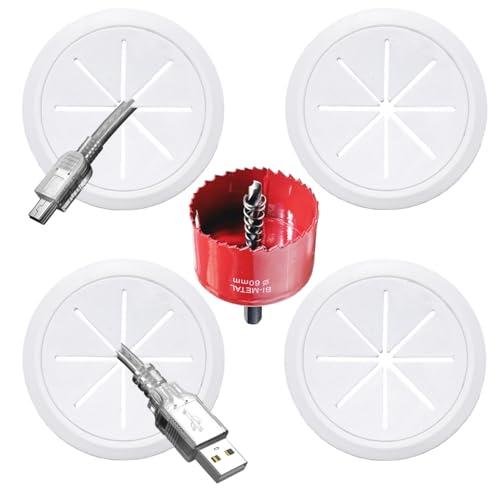 4 Pack TV Cord Hider for Wall Mounted TV, 2-3/8"(60mm Hole) Wire Hider in Wall Cable Management Kit, Includes 4 Pass Throughs and 1 Hole Saw Drill Attachment Easy to Install