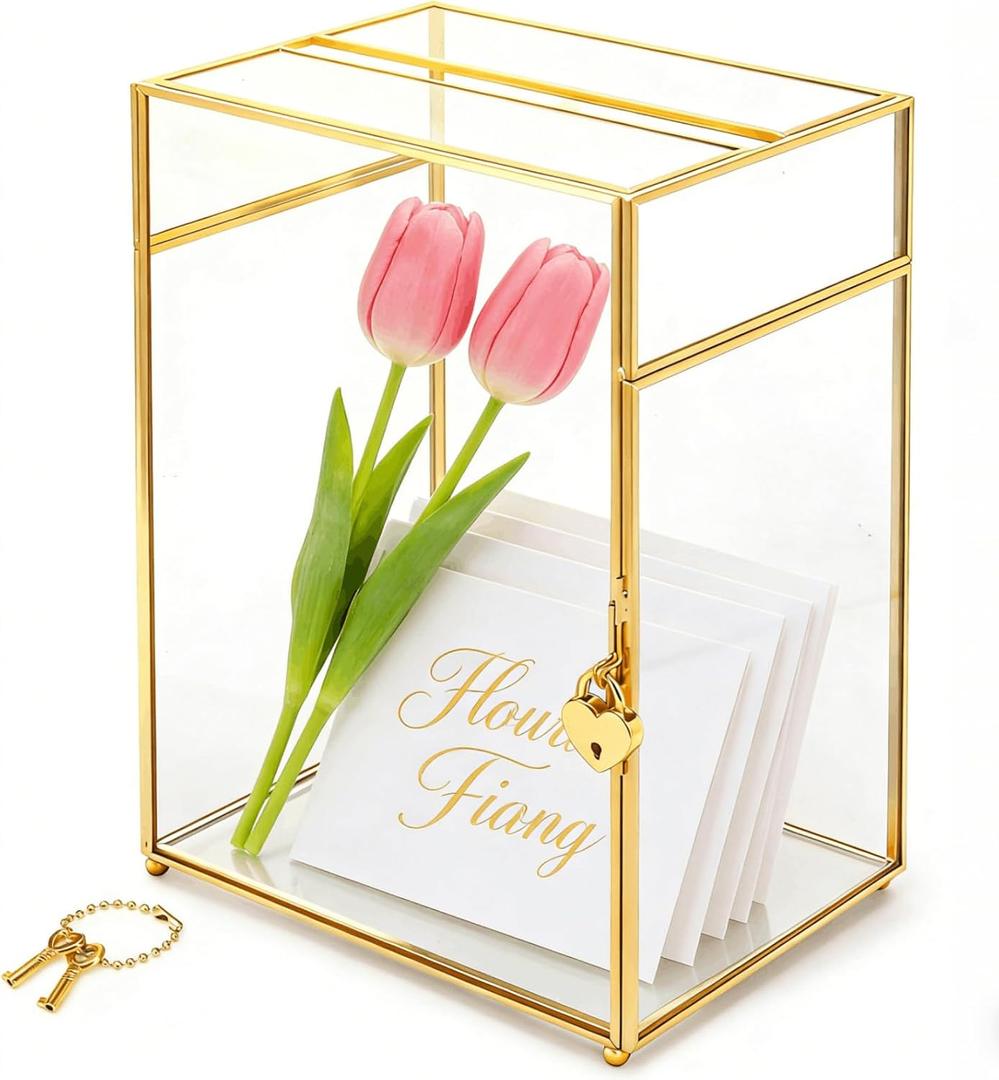 Youeon Glass Card Box with Slot & Lock, Gold Clear Wedding Card Holder, Decorative Gift Card Box for Reception, Birthday, Graduation, Bridal Shower, Party