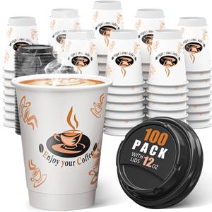 Qunclay 100 Pack 12 oz Double Wall Disposable Paper Coffee Cups with Lids, Insulated To Go Coffee Cup, Hot Drinking Cups for Daily use